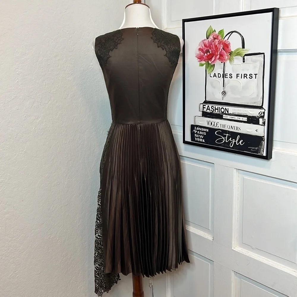 Karen Millen Brown Pleated Midi Dress with Lace Detail Size 4 - Picture 6 of 10